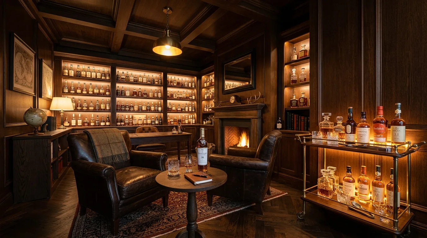 Sophisticated home whiskey lounge designed as a cozy tasting room.